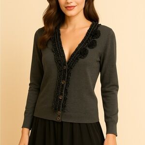 J. Crew Black Ruffle Button Cardigan